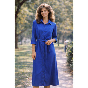 Schrader Vintage 70s Royal Blue Midi Dress Button Down with Waist Tie Size 10